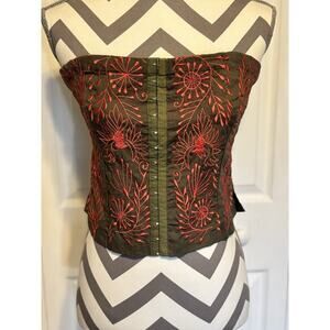 Nolita Cotton Embroidered Strapless Bustier Top Boho Festival Olive Green Pink